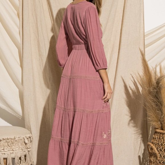 Ladies Pink Floral Embroidered Tiered Maxi Dress - FINAL CLEARANCE - Picture 2 of 12